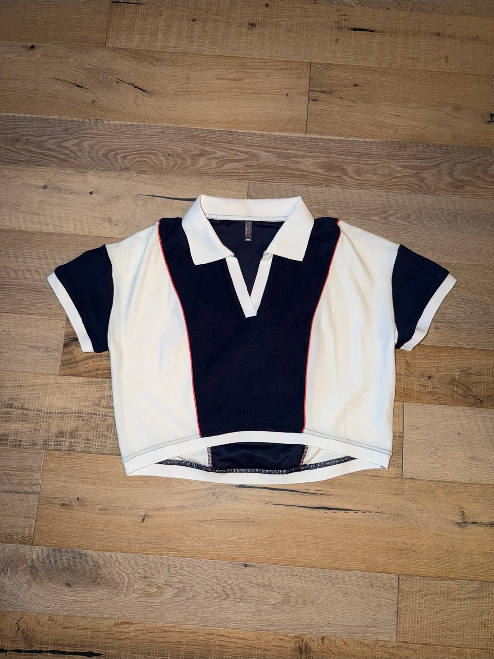 FP Movement by Free People Navy and White Polo Crop Top with Red Piping